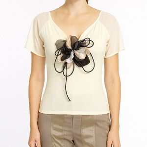 Paradyz Couture Cream & Black Flower Appliqué Top Small